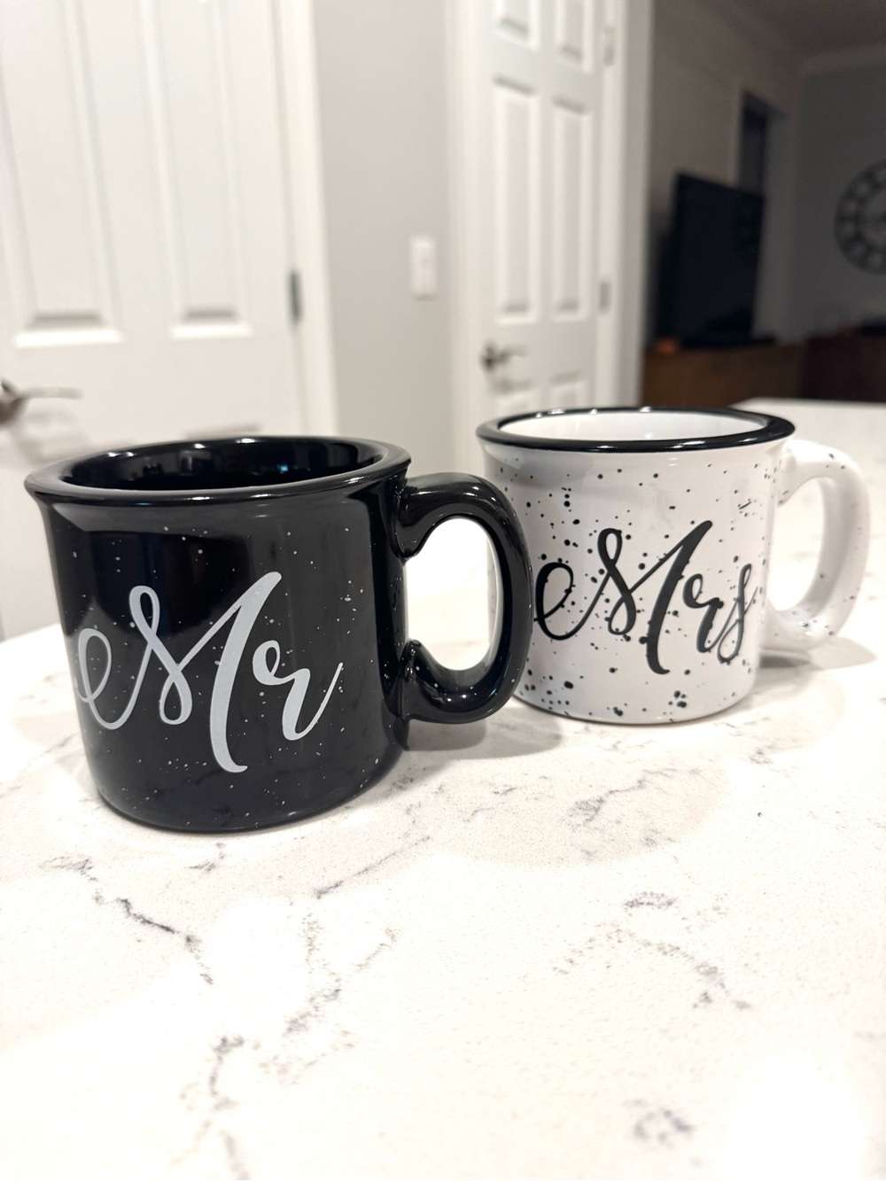 Mr and Mrs Coffee Campfire Mug Set - Black & White Speckled Ceramic Wedding Gift